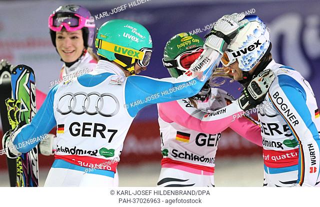 Maria Höfl-Riesch (L-R), Felix Neureuther, Lena Duerr and Fritz Dopfer of Germany react during the Nations Team Event at the Alpine Skiing World Championships...
