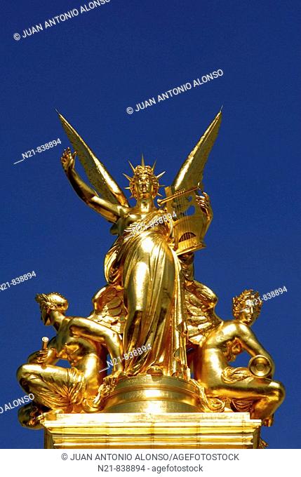 Golden sculpture on the roof of the Palais Garnier or Opera National de Paris Garnier, Paris, France
