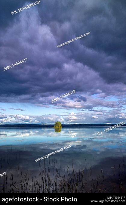 europe, sweden, dalarna, autumn mood at a forest lake, mora, sollerön island, lake siljan, cloud mood