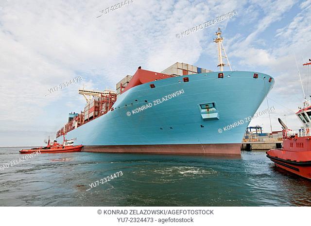 GDANSK, POLAND. 21st August , 2013. World largest container ship Maersk Mc-Kinney Møller Triple E class vessel operated by Maersk Line from Denmark arrives to...