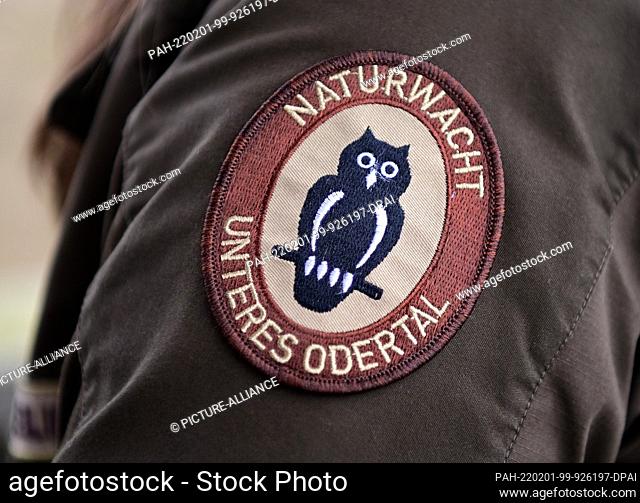 31 January 2022, Brandenburg, Schwedt/Ot Criewen: A ranger of the nature guard in the Lower Oder Valley National Park wears a logo of the nature guard on her...