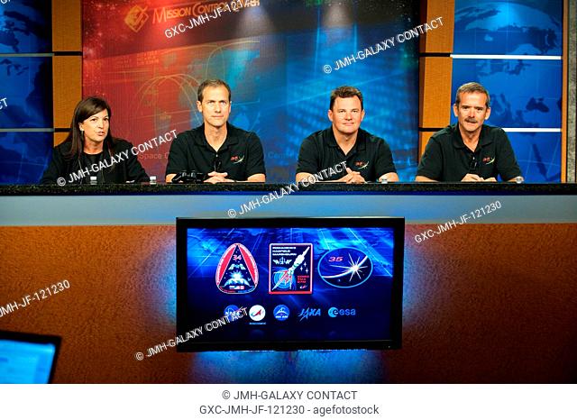 Expedition 3435 crew members participate in a preflight press conference at NASA's Johnson Space Center. Pictured are Canadian Space Agency astronaut Chris...