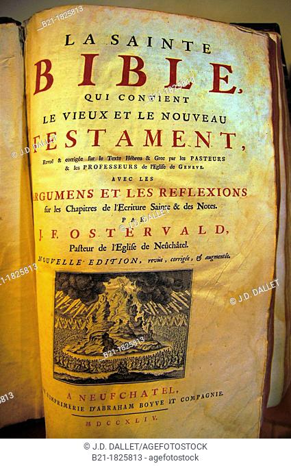 Holy Bible (1744) by J F Ostervald -pastor of the Church of Neuchatel-, preserved in the protestant temple of Sainte-Foy-la-Grande, Gironde, Aquitaine, France