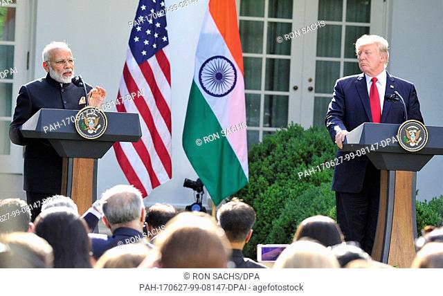 United States President Donald J. Trump and Prime Minister Narendra Modi of India deliver joint statements in the Rose Garden of the White House in Washington