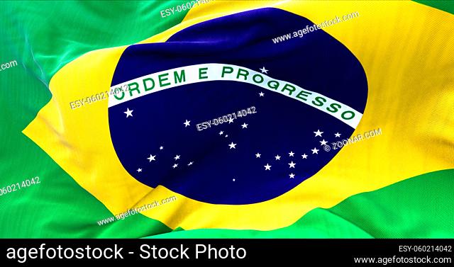 close up view of the flag of Brazil waving in the wind. Selective focus