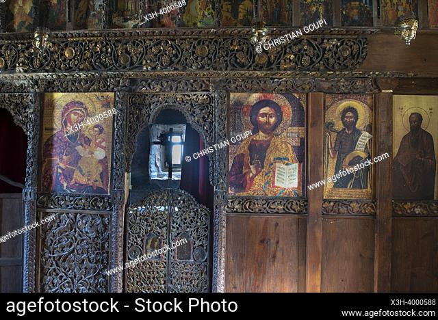 Icon copies inside the Bysantine Zvernec Monastery on Zvernec Island within the Narta Lagoon, on the Adriatic Sea, North of Vlora, Albania, Southeastern Europe