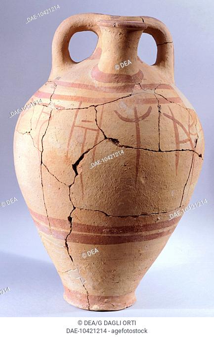 Amphora inscribed in Linear B, from Kadmeion of Thebes (Greece). Mycenaean Civilization, late 14th Century BC.  Tebe, Museo Archeologico