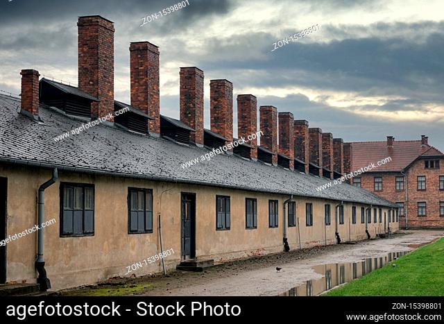 Oswiecim, Auschwitz, Poland - May 15, 2019: Buildings of concentration camp Auschwitz at a rainy day