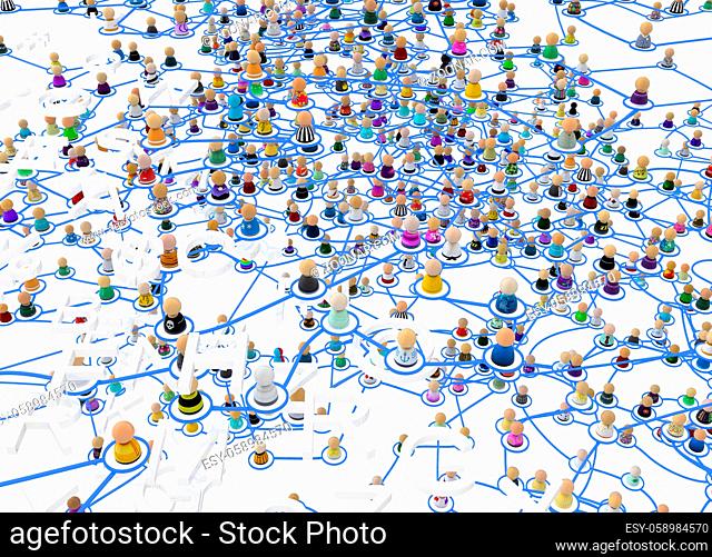 Crowd of small symbolic 3d figures linked by lines, complex layered system letters corner, over white, horizontal