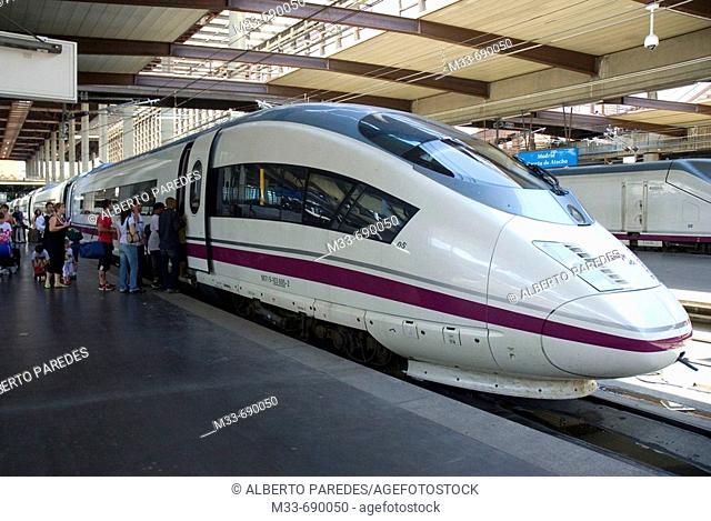 AVE (Spanish High-speed train), model Siemens Serie 103. Atocha station, Madrid, Spain