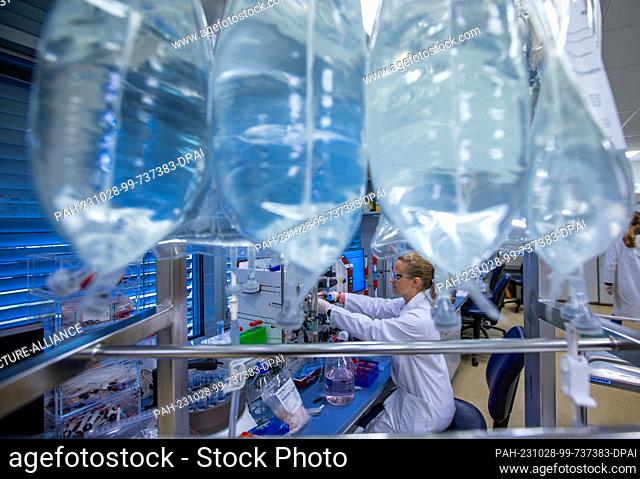 PRODUCTION - 24 October 2023, Mecklenburg-Western Pomerania, Teterow: Tanja Wilk works on the chromatography system in the manufacturing process development...