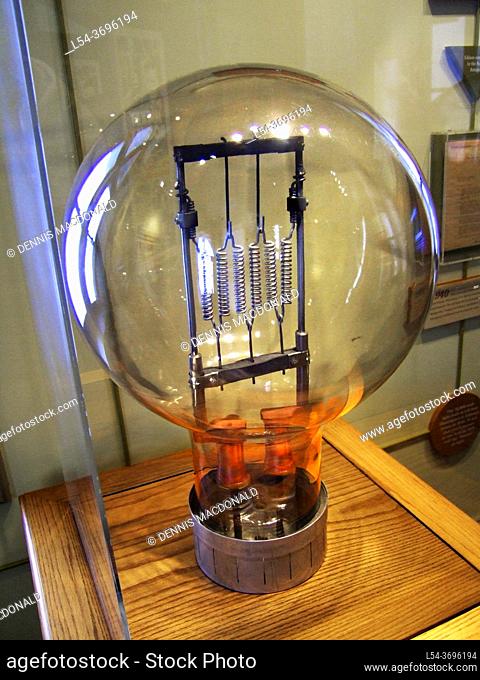 Historic reproduction of a Thomas alva Edison light bulb on display in his boyhood town museum at Port Huron Michigan