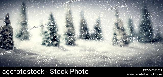 Winter forest made of miniature toy trees. Fairytale scenery, focus on snow foreground. Panoramic, banner