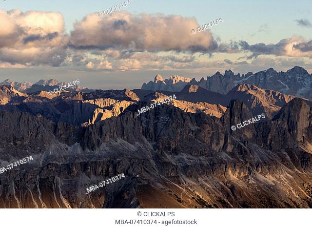 Aerial view of the rocky peaks of Catinaccio Group (Rosengarten) at sunset, Dolomites, South Tyrol, Italy