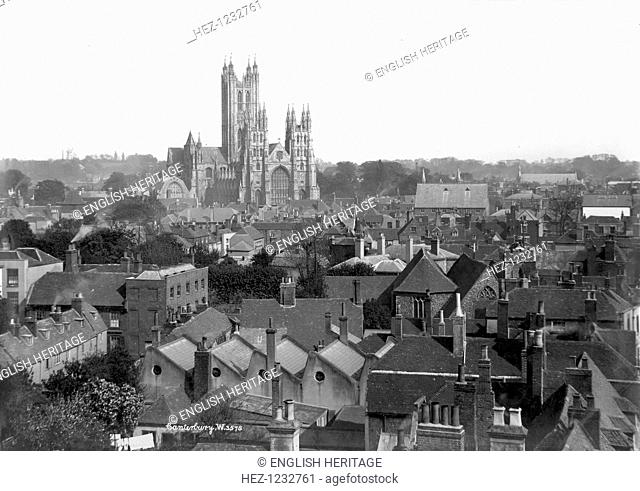 Canterbury Cathedral, Canterbury, Kent, 1890-1910. A view across the rooftops towards Canterbury Cathedral, which dates from 1070 with many subsequent...