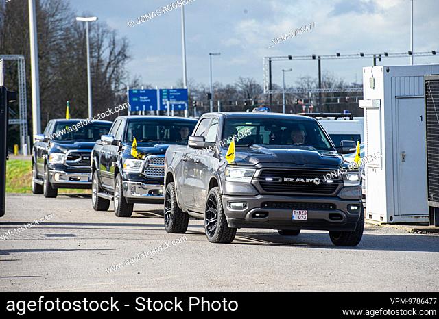 Belgian vehicles with 'Vlaamse Leeuw' flags are seen on Parking C of the Heizel - Heysel expo area, at a protest action against corona-measures where people are...