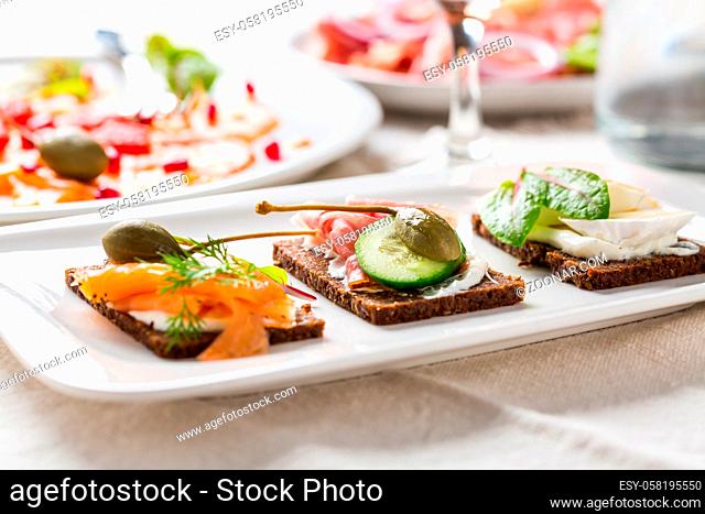 Variation of healthy open sandwiches on Pumpernickel bread with vegetables, salmon, ham and appetizers with red wine