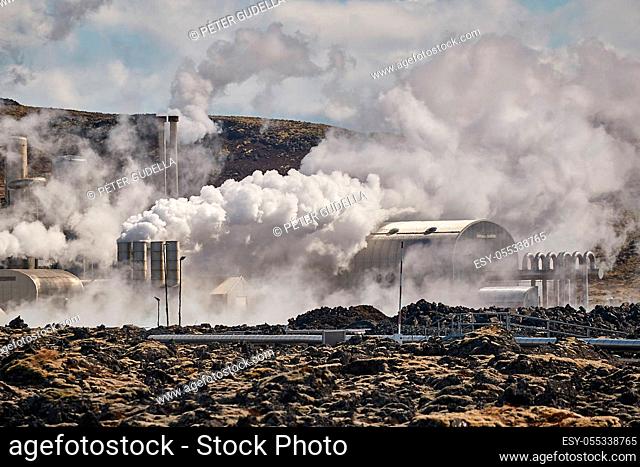 Geothermal power plant in Iceland through strong heat haze vibration, Reykjanes Peninsula