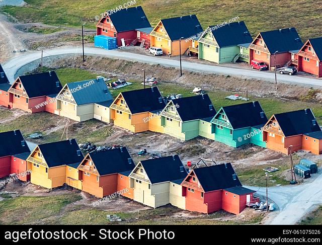 Colored houses in Longyearbyen in Svalbard, high angle view