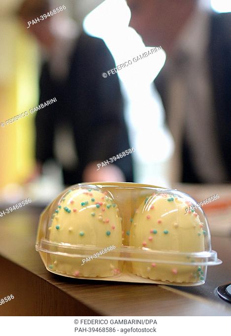 A package of Dickmann's 'Dicke Eier' (lit: fat eggs) sits on a table in the courtroom in Duesseldorf,  Germany, 14 May 2013