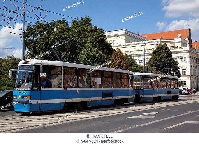 Tram, Old Town, Wroclaw, Silesia, Poland, Europe
