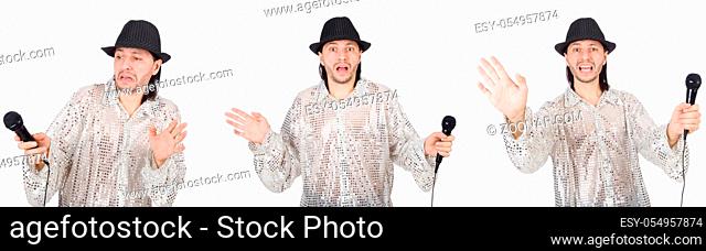 Young man singing with microphone isolated on white