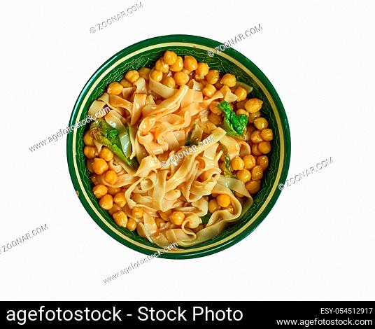 Tunisian Soup with Chard and Egg Noodles, Tunisian cuisine, Traditional assorted African dishes, Top view