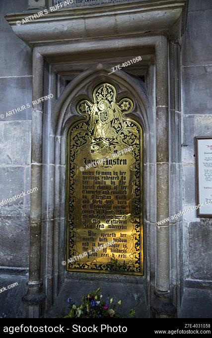 Plaque to Jane Austen Winchester Cathedral. Interior, Winchester, England, United Kingdom