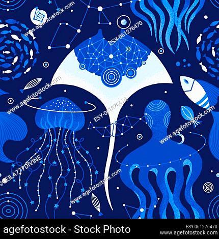 Vector seamless pattern of cosmic underwater life. Space background with sea animals such as stingray, jellyfish, octopus, fish, seashells