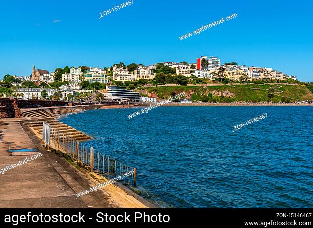 Torquay, Torbay, England, UK - June 04, 2019: View from the Torre Abbey Sands at the Marina and Torquay