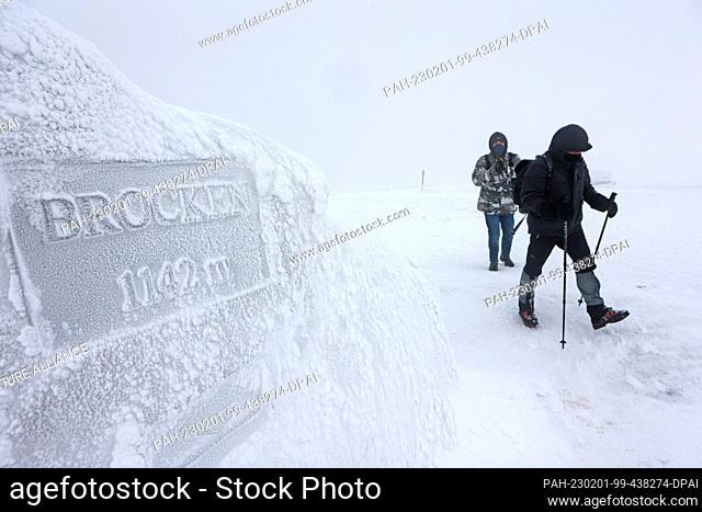 PRODUCTION - 01 February 2023, Saxony-Anhalt, Schierke: Hikers walk along the Brocken in the snowstorm. Heavy storms with snow and freezing rain once again...