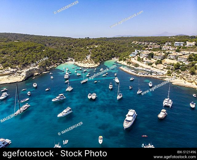 Drone shot, view over the Five Finger Bay of Portals Vells, Majorca, Balearic Islands, Spain, Europe