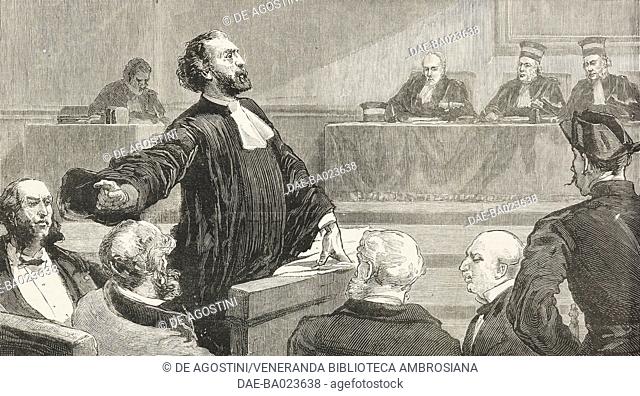Leon Gambetta pleading for Delescluze at the Baudin Trial, November 14, 1868, France, illustration from The Graphic, volume XXVII, no 685, January 6, 1883