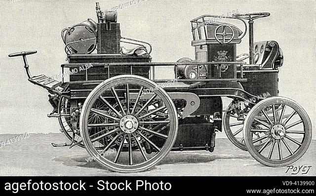 Electric fire van of the Paris firefighters. Old 19th century engraved illustration from La Nature 1899
