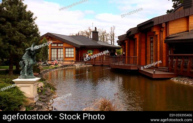 Luxurious residence of the former President of Ukraine Viktor Yanukovych on the shore of the pond. Luxurious house Honka in Mezhyhirya