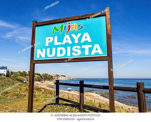 Nudist beach. Mijas Costa, Malaga province, Costa del Sol, Andalusia, Spain Europe