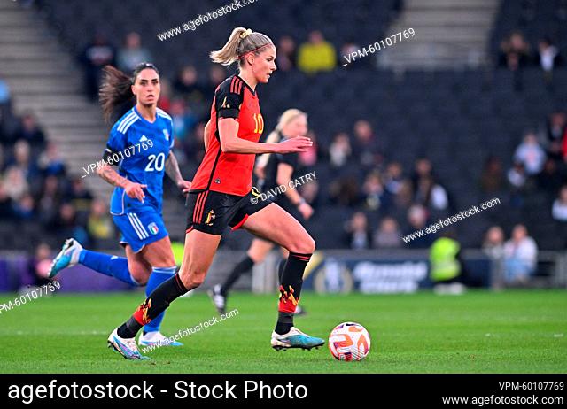 Belgium's Justine Vanhaevermaet pictured in action during a game between Italy and Belgium's national women's soccer team the Red Flames, in Milton Keynes