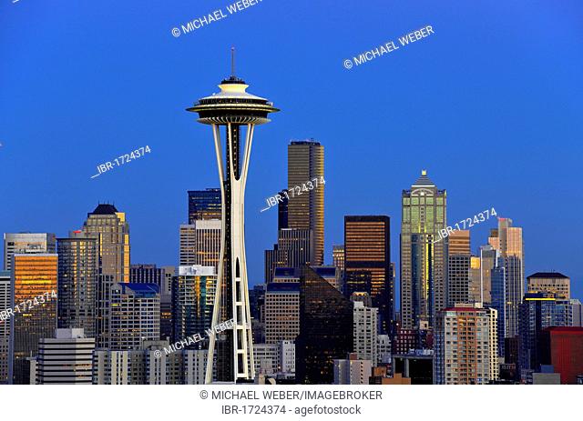 Night scene, skyline of the Financial District in Seattle, Space Needle, Columbia Center, formerly known as Bank of America Tower, Washington Mutual Tower