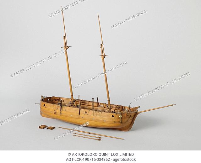 Model of a Coastal Defense Vessel, Block model of the trunk with round wood, incomplete. The smooth-bore vessel has twelve gun ports on the open upper deck