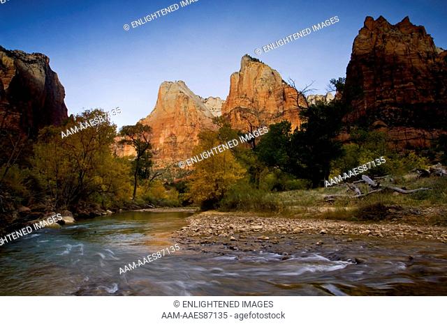 Morning Light on The Court of the Patriarchs above the Virgin River, Zion Canyon, Zion National Park, Utah