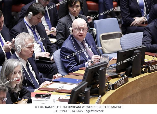United Nations, New York, USA, April 09 2018 - Russia's UN Ambassador Vassily Nebenzia During the Security Council meeting on threats to international peace and...
