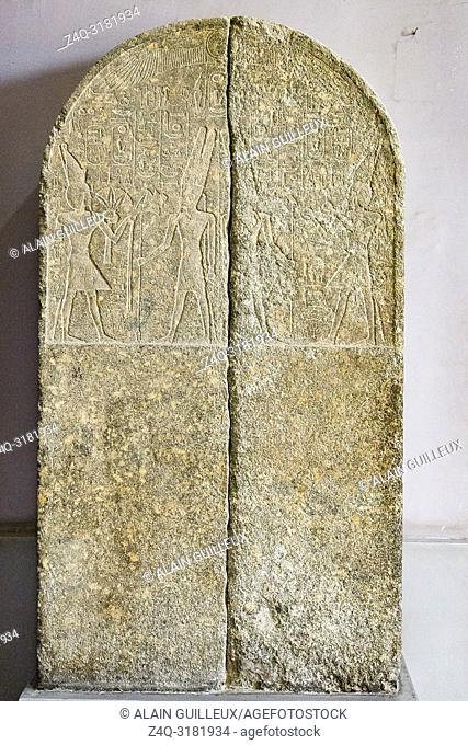 Egypt, Cairo, Egyptian Museum, stele in two fragments, Amenophis III offers flowers and Nu vases (wine) to Amun