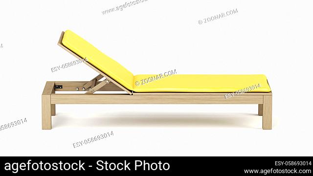 Wooden beach lounger with yellow mattress on white background