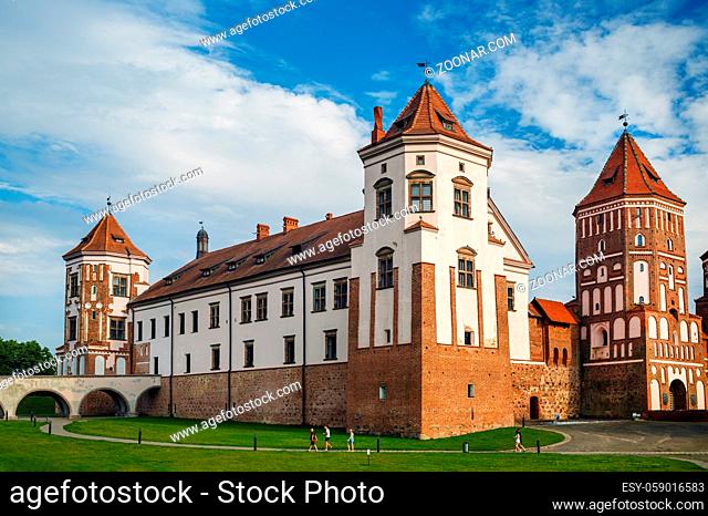 Mir, Belarus - August 04, 2017: Towers and fortress wall of ancient medieval castle in Mir, Belarus. Mir Castle is a museum and castle complex