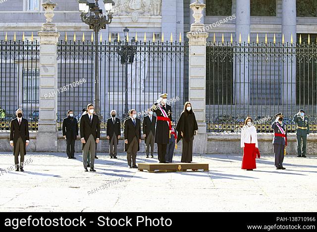 Pedro Sanchez, King Felipe VI. of Spain, Queen Letizia of Spain and Margarita Robles at the 'Pascua Militar' military ceremony at the Palacio Real