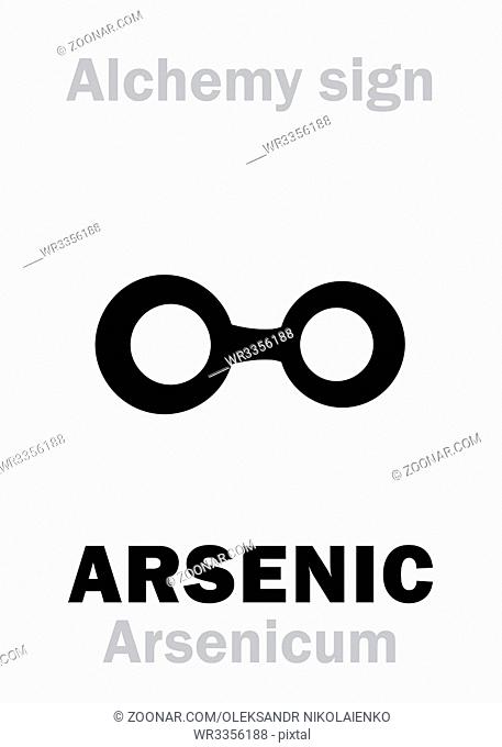 Alchemy Alphabet: ARSENIC (Arsenicum), one of mundane alchemical stuffs, toxic substance. Chemical formula=[As]. Medieval alchemical sign (mystic hieroglyphic...