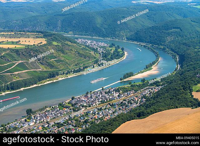 Aerial view of the Rhine and villages with shipping and vineyards