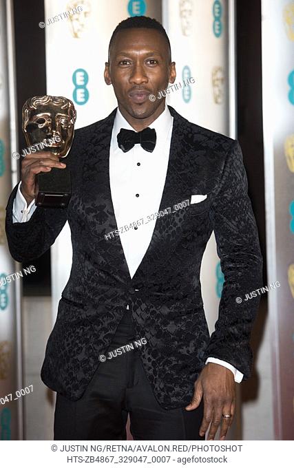 Mahershala Ali with his Best Suppoting Actor BAFTA for 'Green Book' at the 72nd Annual EE British Academy Film Awards After-Party Dinner at Grosvenor House