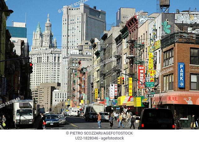 New York City, view of the City Hall from Chinatown, Downtown Manhattan