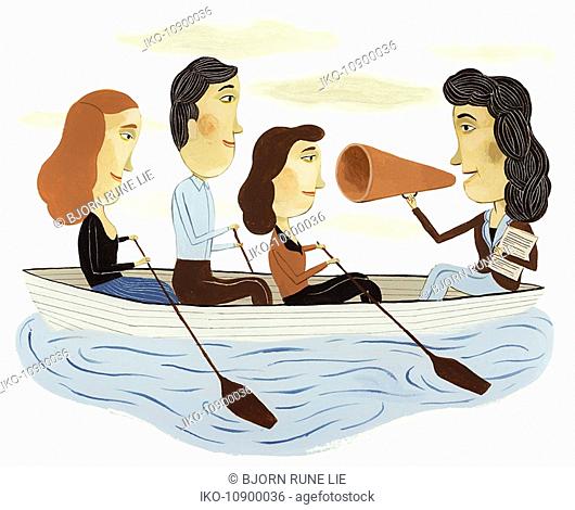 Businesswoman with bullhorn leading co-workers in boat